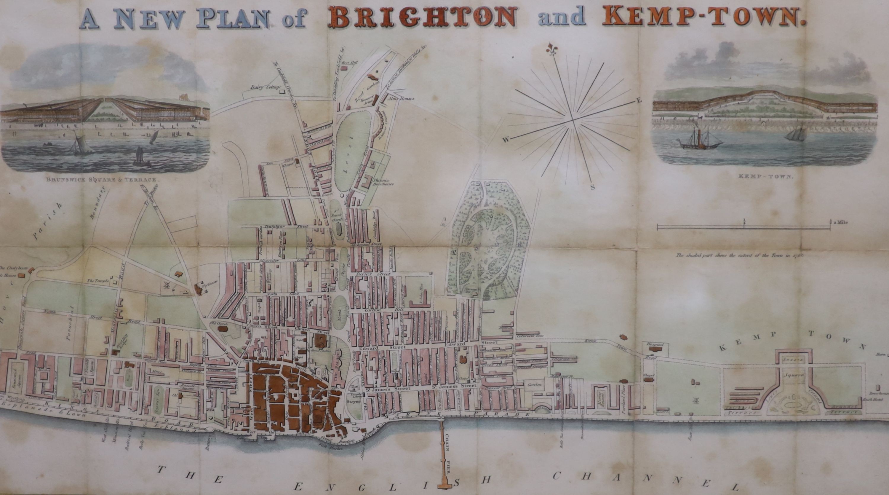 Two antique Brighton prints, steel engraving, 'New Plan of Brighton and Kemp Town', 27 x 48cm and a chromolithograph, A 'View of Brighton Front', 20 x 92cm